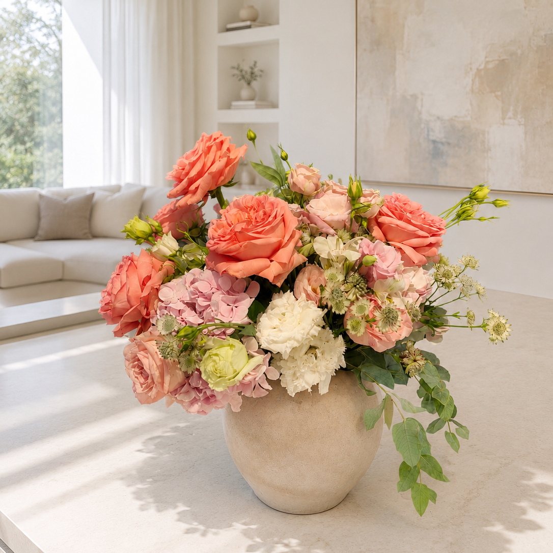 A vibrant floral arrangement of coral, pink, and white roses with green foliage, presented in a textured beige ceramic vase on a light marble countertop in a bright, modern living room.