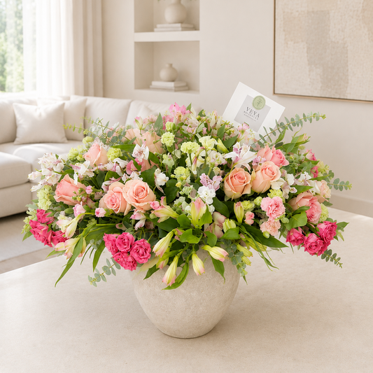 A lush and elegant spring-inspired floral arrangement featuring soft blush pink, peach, creamy white, and fresh green tones. A beautiful mix of roses, carnations, alstroemeria, delicate seasonal blooms, and airy eucalyptus creates a naturally abundant and graceful design.

Presented in a sophisticated textured ceramic vase, this arrangement brings a fresh, luxurious touch to any space and is perfect for birthdays, anniversaries, celebrations, thank-you gifts, or simply making someone’s day extra special. 