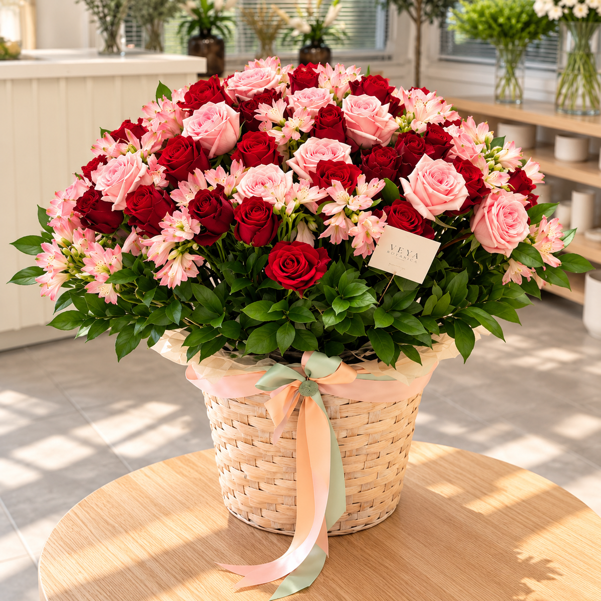 A large floral arrangement of red and pink roses with green foliage in a woven basket, tied with a pale pink ribbon, displayed on a round wooden table in a bright indoor setting