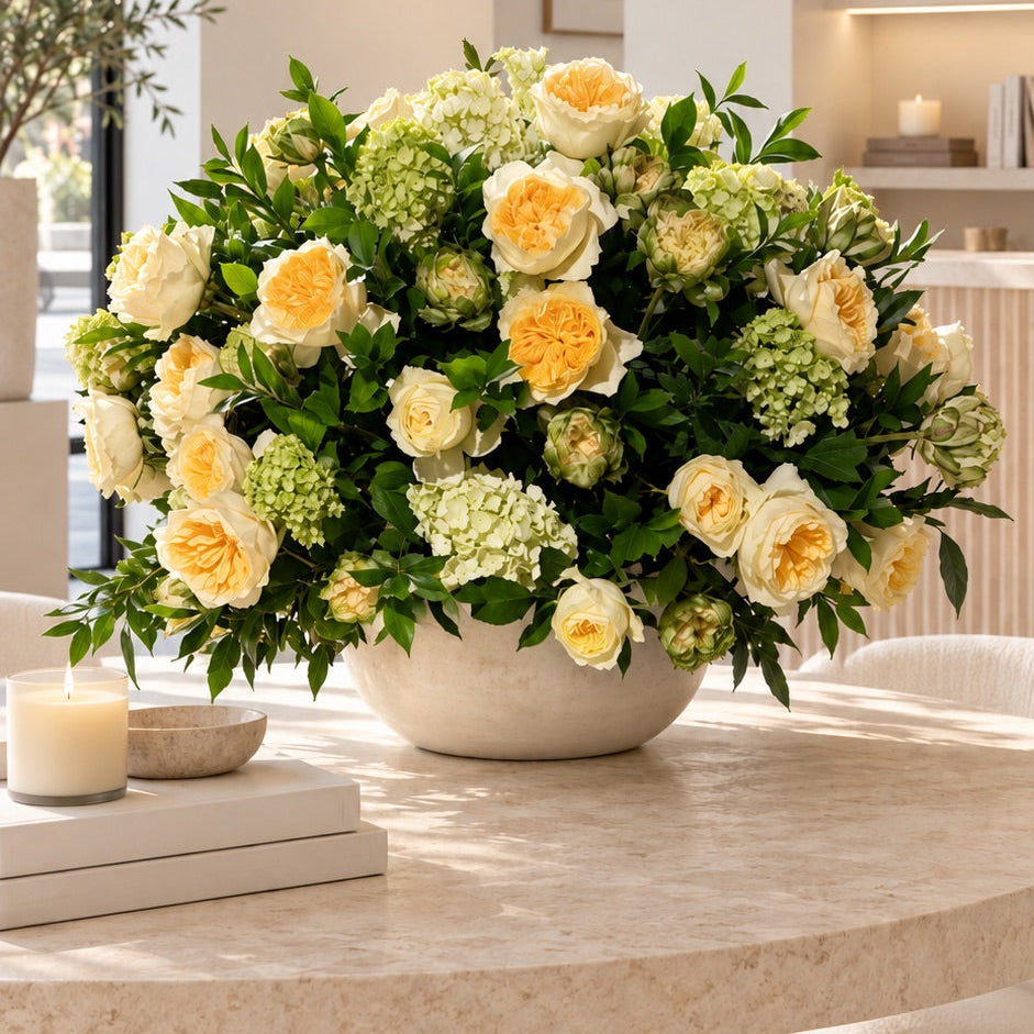 A large, lush floral arrangement of yellow and white roses with green hydrangeas and foliage, presented in a round beige ceramic pot on a light beige stone dining table in a modern, sunlit interior.