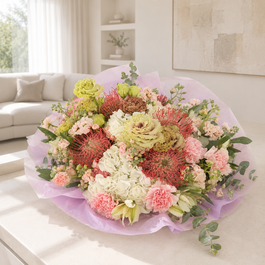 A large, vibrant floral bouquet wrapped in light purple tissue paper, displayed on a white table in a bright, modern living room setting.