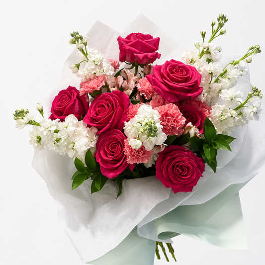 A floral bouquet featuring vibrant pink and deep magenta roses, light pink carnations, and white stock flowers, wrapped in white tissue paper and a pale mint green wrapper, set against a plain white background.