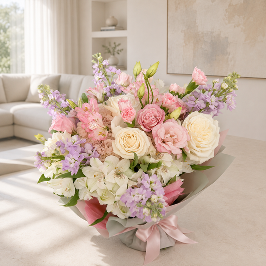 A romantic and elegant bouquet featuring a soft palette of blush pink, creamy white, and delicate lavender tones. The arrangement combines beautiful roses, carnations, alstroemeria, and airy seasonal blooms, creating a lush yet graceful look.

Finished with soft, flowing wrapping and a delicate pink satin bow, this bouquet has a fresh, feminine, and sophisticated feel—perfect for birthdays, anniversaries, celebrations, congratulations, or simply making someone feel special.