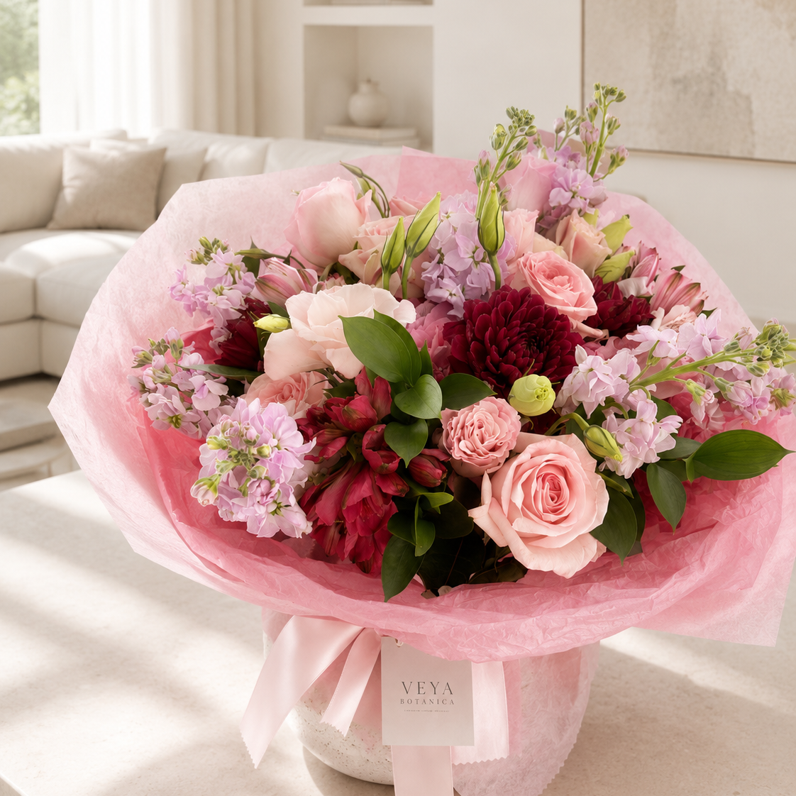 A large, vibrant floral bouquet wrapped in pink tissue paper and tied with a pink ribbon, displayed on a light-colored table in a bright, modern living room setting. The bouquet features a mix of light pink, deep red, and purple flowers with green foliage.