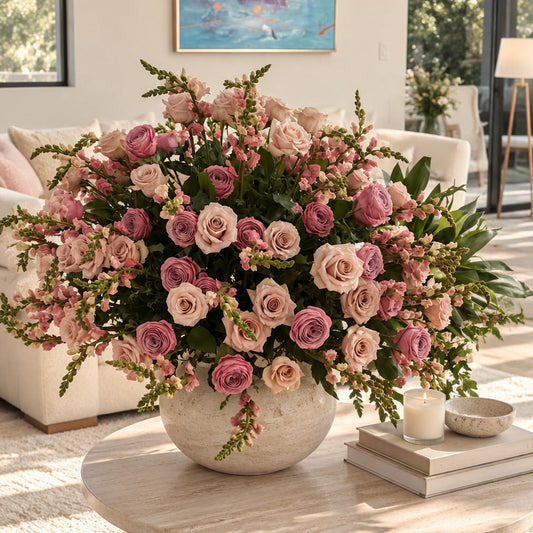 
A large, lush floral arrangement of pink and peach roses with green foliage in a round white ceramic vase, set on a round stone coffee table in a bright, modern living room.