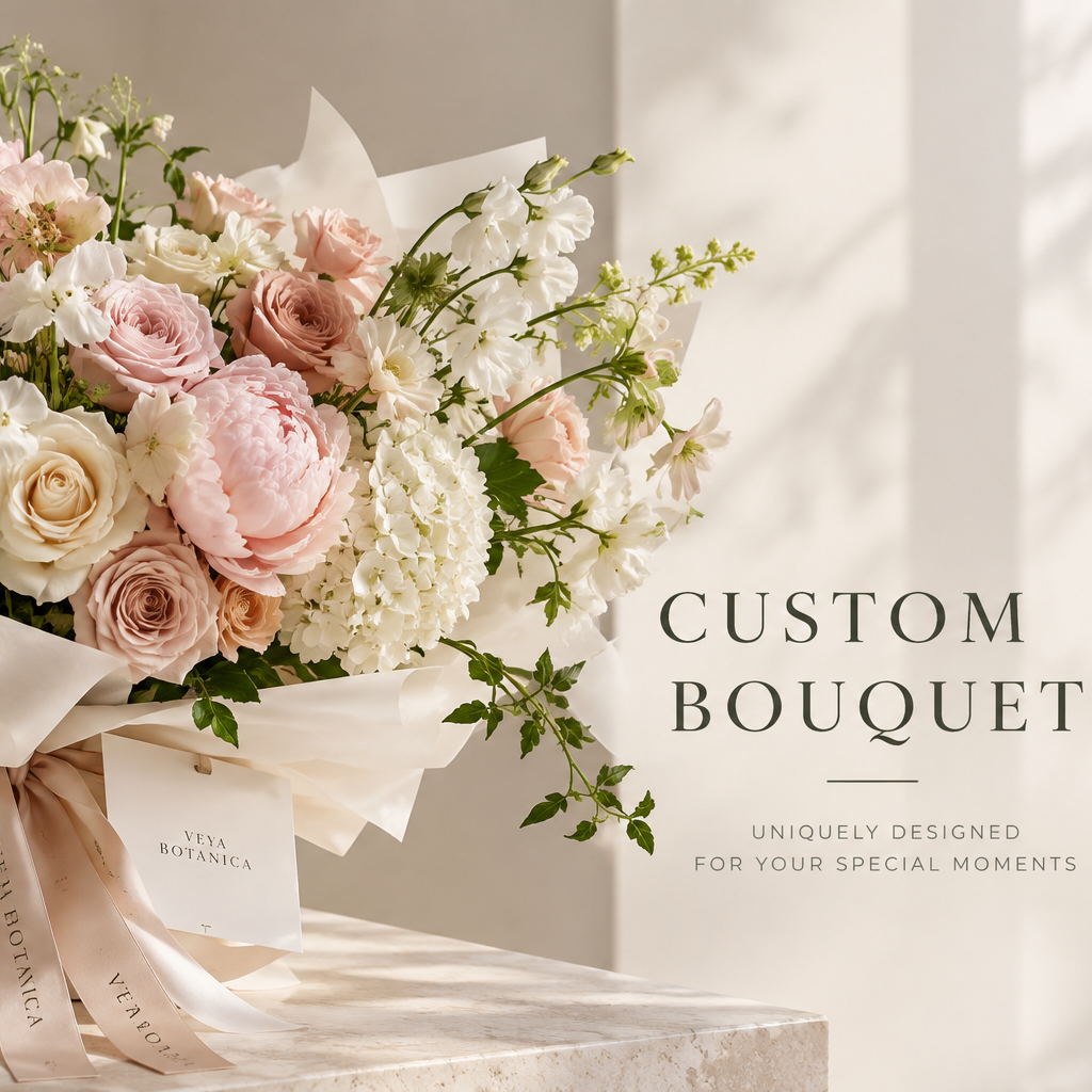 A beautifully arranged custom bouquet of pink and white flowers with green foliage, wrapped in elegant cream paper and a matching ribbon, displayed on a marble surface with soft window shadows. Text on the right reads 'CUSTOM BOUQUET'.