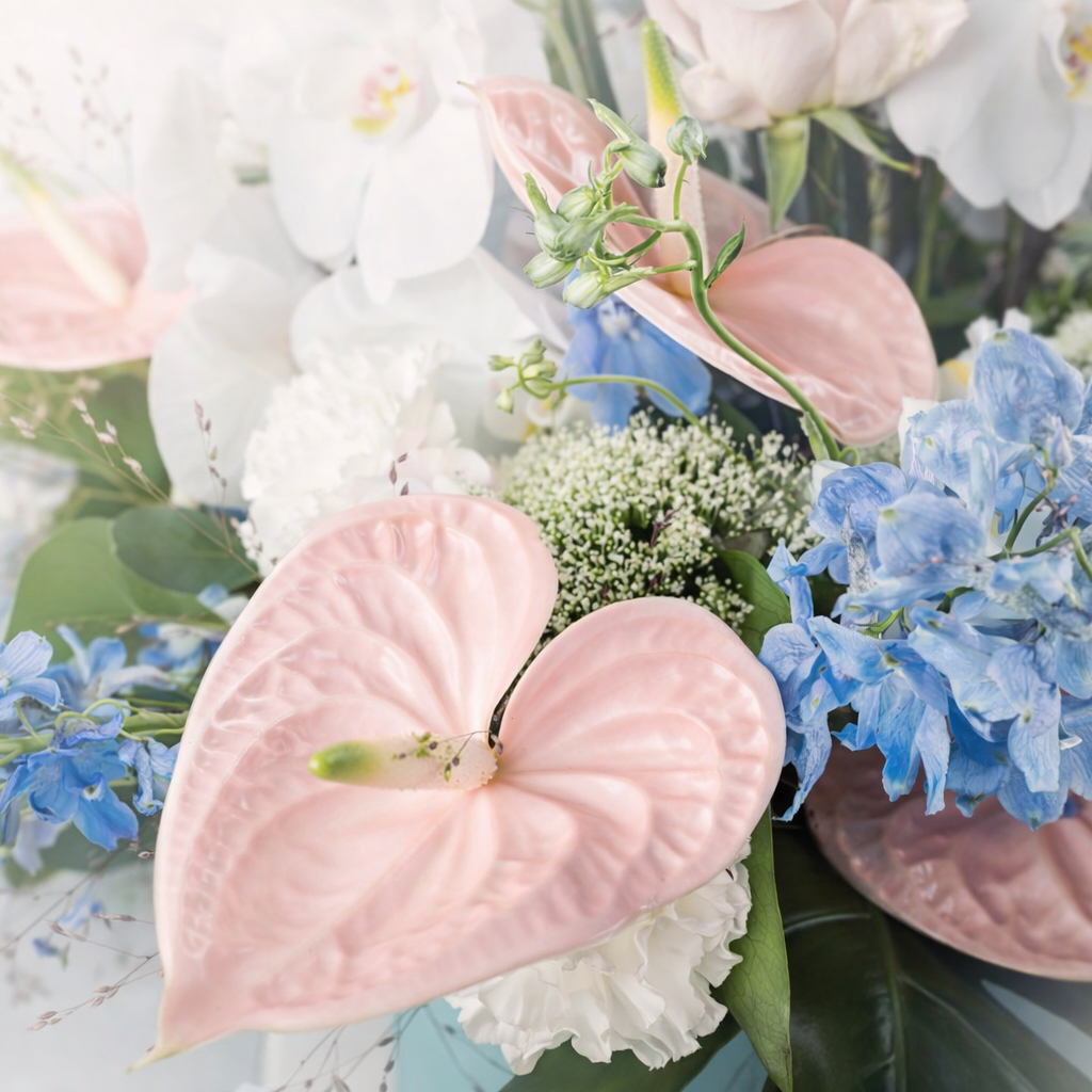 Bouquet of flowers with pink Anthurium, white Orchids, and blue Delphiniums.