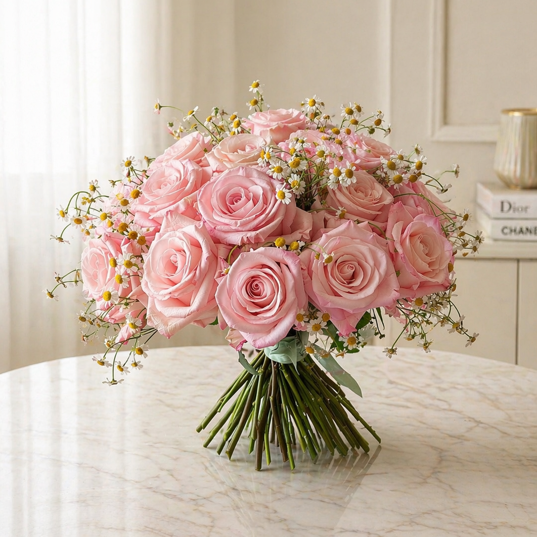 Rose & Chamomile bouquet in beautiful home setting on a table
