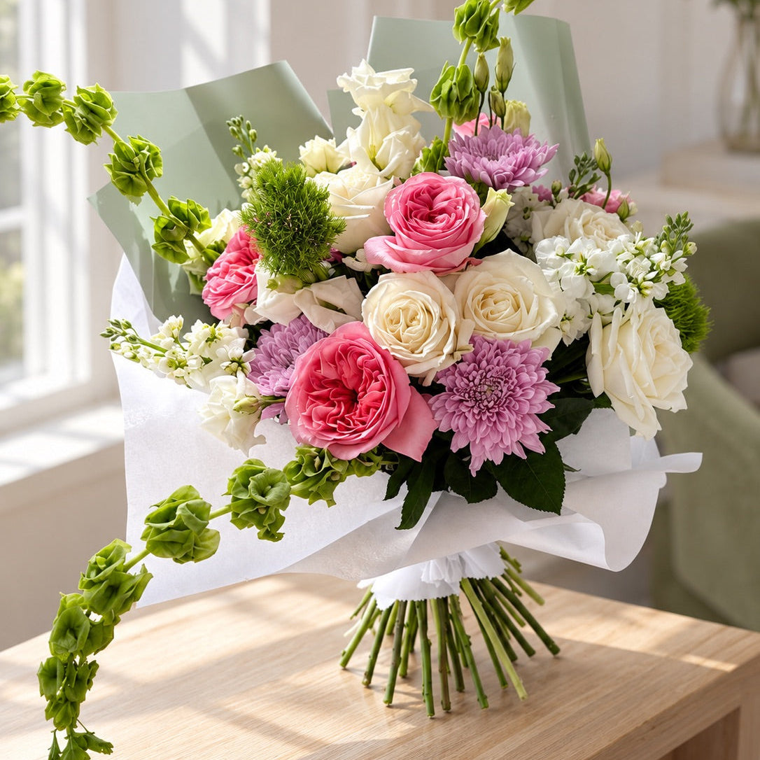 A vibrant floral bouquet featuring pink and cream roses, chrysanthemums, green hydrangeas, and white filler flowers, arranged against a solid light beige background.
