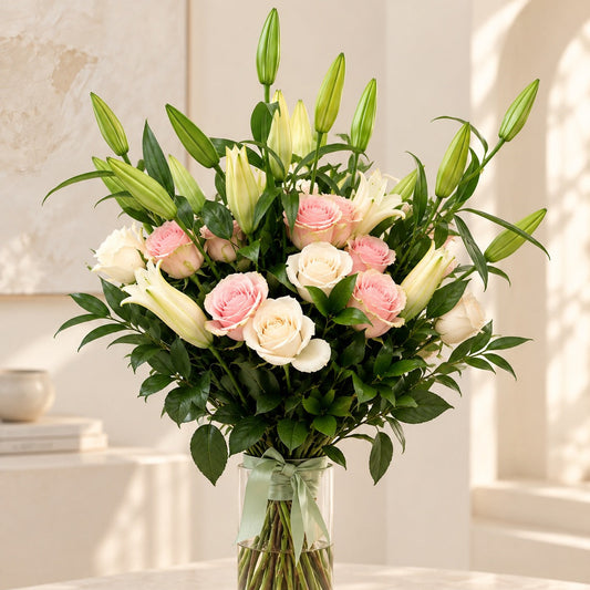 


A vibrant flower bouquet featuring pink and cream roses, white lilies, and green lily buds arranged in a clear glass vase with a light green ribbon, set on a light marble table.